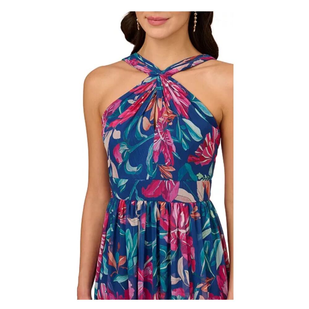 Adrianna Papell Navy Multi Floral Printed Chiffon Halter Gown Sz.4 NWT - Picture 2 of 16